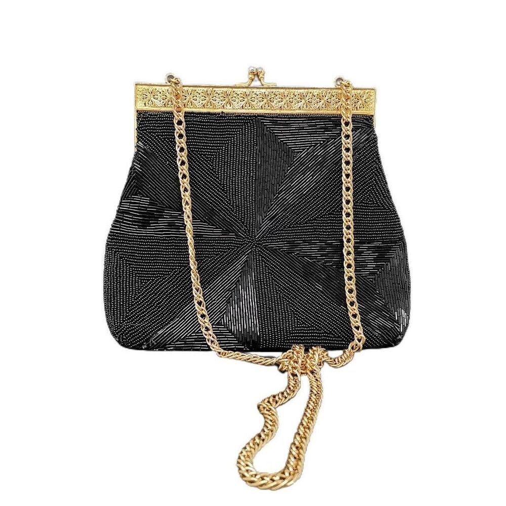 Vintage Black Glass Beaded Evening Bag Gold Kisslock Hong Kong